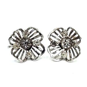 VTG 50's-60' Rhinestone Flower Screw-Back Earrings Silver Tone Retro Costume